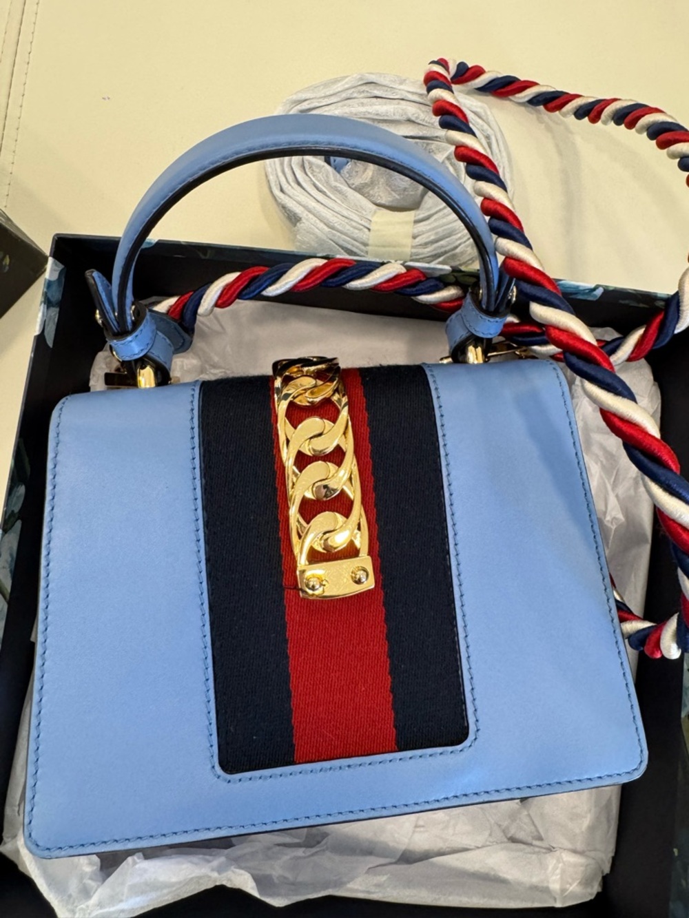 Gucci Light Blue Leather Top Handle Satchel with Tricolor Rope Strap - Picture 3 of 5